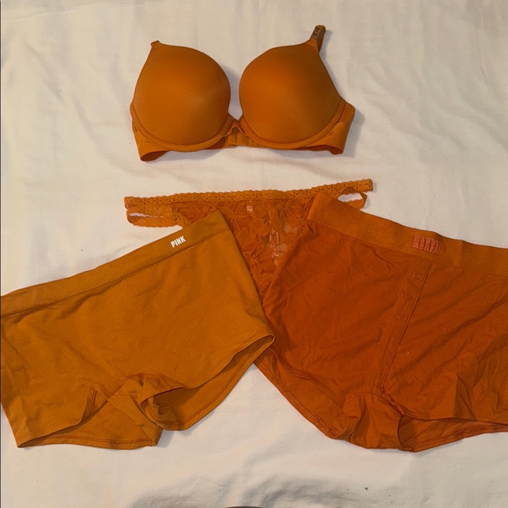 PINK Push Up Orange 32D Bra with Matching Panties Size Medium & Large BNWT